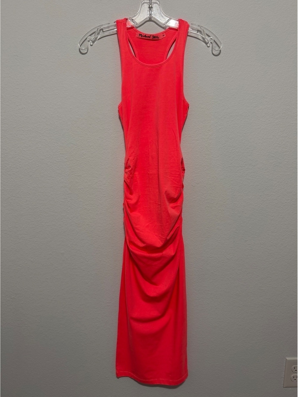 Michael Stars Neon Orange Sleeveless Scoop Neck Ruching Side Maxi Dress Size XS
